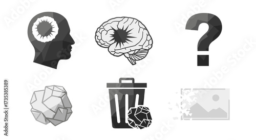 Vector art of monochromatic icons related to thought, ideas, and deletion