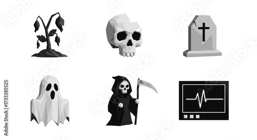 Vector art of collection of icons representing death and mortality