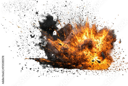 Explosion with Fiery Blast on Transparent Backdrop Bright Orange Light Black Smoke and Flying Debris in Motion Energetic Display Dynamic Visual Impact Design Element for Intense Effects