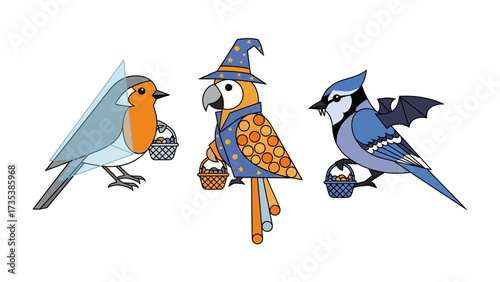 Colorful Avians: A whimsical depiction of three vibrant birds, each carrying a tiny basket, and a fun costume, brings a splash of color and character.