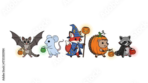 Halloween Animal Parade: A charming gathering of adorable forest critters dressed up in festive costumes, each carrying a glowing treat bucket, ready for a night of spooky fun.