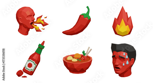 Vector art of claymation icons of spicy food, a person eating chili, a chili pepper, fire, hot sauce, and a sweating person