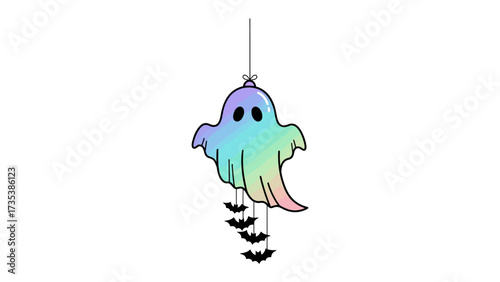 Mystical Spectrum Ghost: A whimsical illustration showcases a spectral ghost, radiating an iridescent glow, complemented by delicate hanging bats.