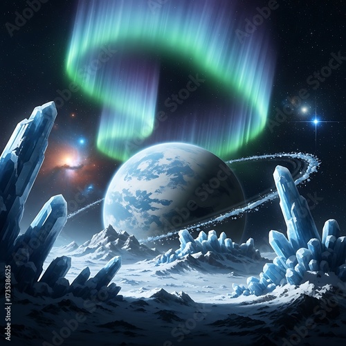 Celestial Dance - Aurora Borealis Over an Icy Exoplanet Landscape.