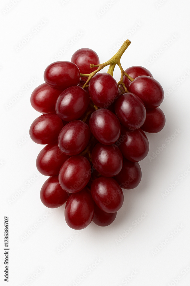 Fototapeta premium Fresh red grape cluster with glossy skin and rich color, isolated on white background. Perfect for healthy food, nutrition, organic fruit, and vineyard concepts.