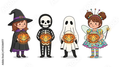 Halloween Gathering: Delightful children, each in a unique and captivating costume, holding glowing jack-o'-lanterns, gather to celebrate the magic of Halloween.