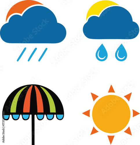 Set of weather icons showing sun rain clouds and umbrella
