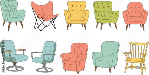 Modern chairs collection, colorful armchairs, stylish seating, interior furniture design, contemporary home decor, office chairs, rocking chair, tufted fabric, wooden legs, ergonomic seating