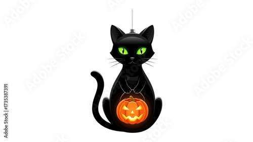 Mystical Halloween Cat with Pumpkin: A striking image of a glossy black cat, bearing haunting green eyes and holding a glowing jack-o'-lantern, suspended against a dark background.