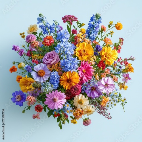 Bright and colorful bouquet featuring a variety of blooming flowers in shades of yellow, pink, purple, blue, and orange arranged on a light blue background