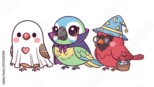 Halloween Birds Gathering: Adorable avian characters dressed in spooky and magical costumes come together to celebrate Halloween, evoking a sense of playful delight and festive cheer.