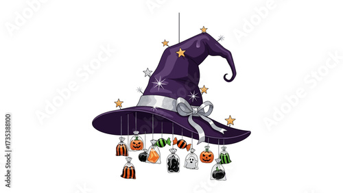Halloween Witch Hat Decoration: A whimsical Halloween witch hat, adorned with glittering stars and charming hanging potion bottles and candy, ready to cast a spell of festive delight.