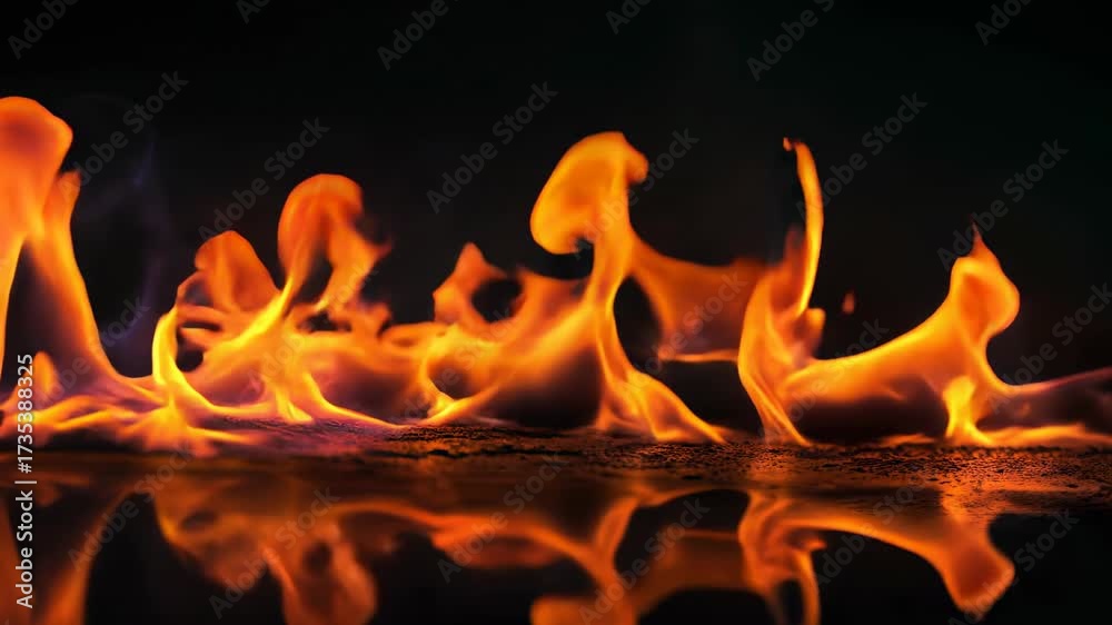 Low sweeping flames skim across a reflective surface, doubling the fiery wave with molten highlights; dramatic heat effect made for trailers, game promos — cine