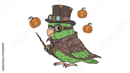 Steampunk Parrot's Halloween Magic: A whimsical cartoon illustration of a steampunk parrot conjuring spooky Halloween magic, complete with a top hat, goggles, and smiling jack-o'-lanterns.