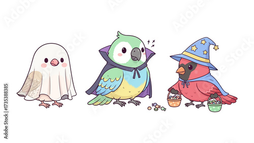 Halloween Avian Trio: A charming cartoon illustration of three birds dressed in whimsical Halloween costumes. A cute ghost bird, a vampire parrot, and a wizard cardinal are captured in a playful.