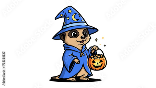 Meerkat Wizard's Halloween Adventure: A cute Meerkat is dressed up as a wizard for Halloween with a pumpkin basket. This cartoon image captures the magic and fun of the holiday.