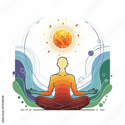 Vibrant illustration of a person in a meditative lotus pose, connecting with the sun's energy for spiritual wellness and inner peace
