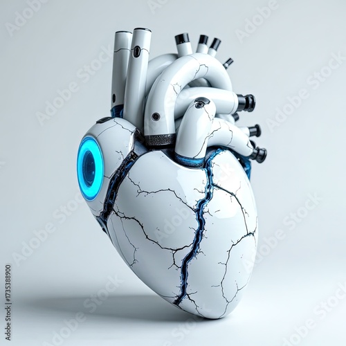 Futuristic Robotic Heart Design with Blue Lighting and Cracks