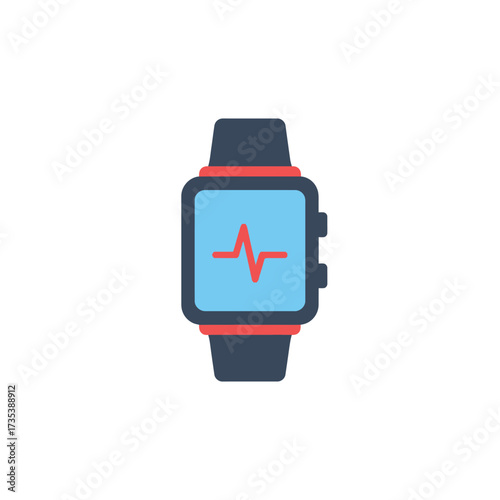 A smartwatch displays a red heartbeat line on its blue screen, with a dark band and red accents.