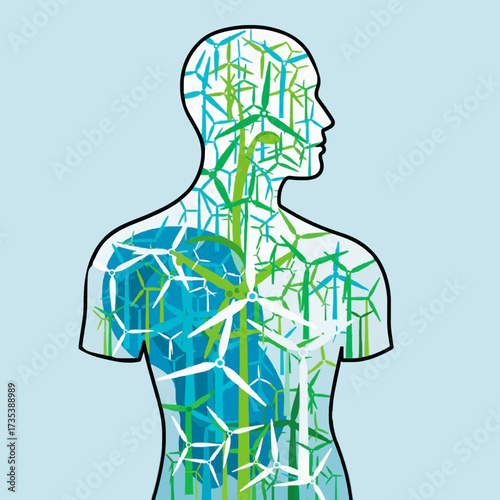 Symbolic illustration of a human form powered by a wind farm, representing the concept of sustainable living and renewable green energy