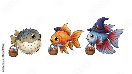Festive Fish Friends: A captivating, cartoonish illustration featuring three whimsical fish, each clutching a miniature basket filled with colorful easter egg in the vibrant celebration. 