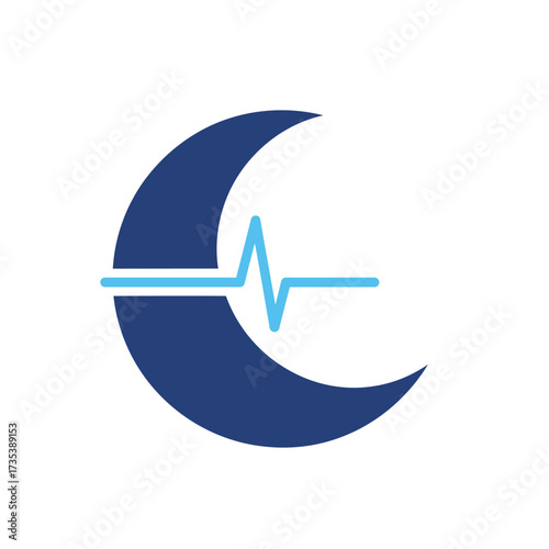 A stylized logo featuring a crescent moon shape with a blue heartbeat line.