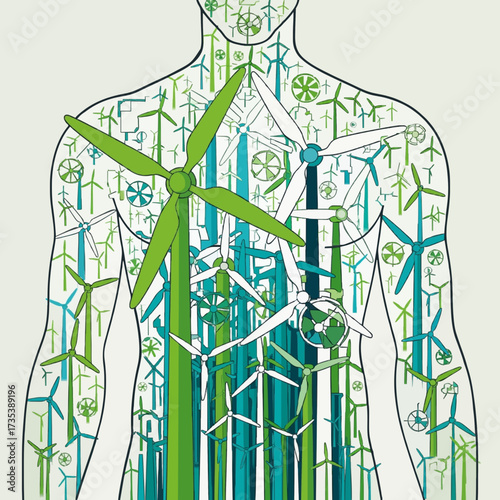 Conceptual illustration of a human body silhouette filled with wind turbines symbolizing green energy and sustainability