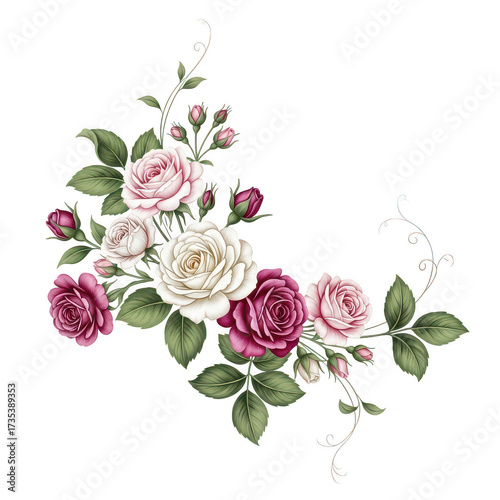 Elegant floral bouquet of pink and white roses with green leaves on a dark backdrop