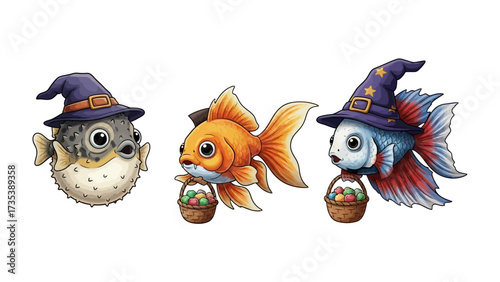 Halloween Fish Trio: A charming trio of fish, each adorned with witch hats and carrying small baskets, create a whimsical Halloween scene, perfect for festive designs.