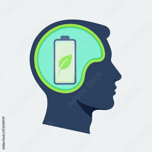 Conceptual illustration of mental recharging and sustainable thinking, showcasing a green leaf battery symbol inside a human head