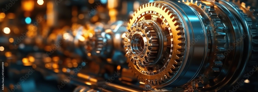 custom made wallpaper toronto digitalClose-up of shiny interconnected metallic gears in an industrial setting with warm lighting reflecting on the surfaces, showcasing precision machinery parts