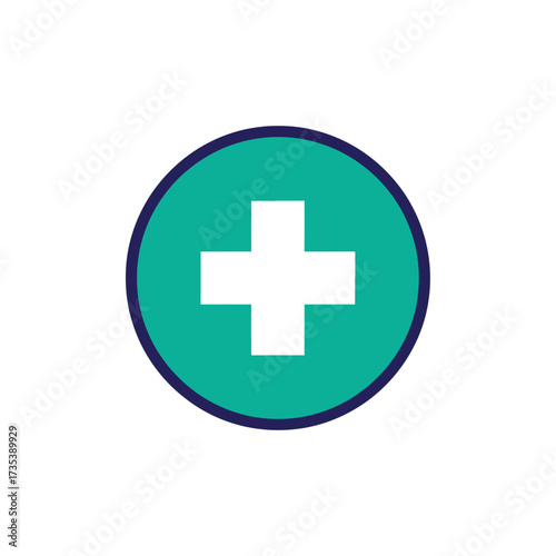 A versatile flat design plus symbol icon in a teal circle representing addition, positivity, and healthcare. A clean vector graphic element for web and print applications