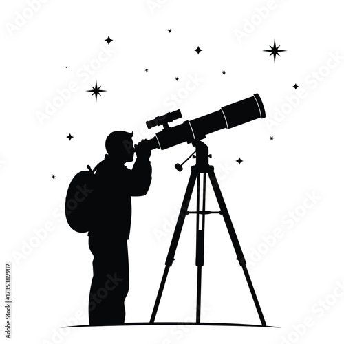 man looking through telescope at stars