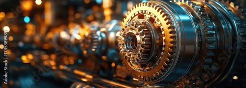 Wallpaper Mural Close-up of shiny interconnected metallic gears in an industrial setting with warm lighting reflecting on the surfaces, showcasing precision machinery parts Torontodigital.ca