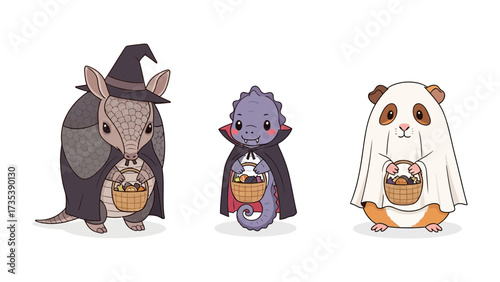 Halloween Animal Trio: This whimsical illustration features a charming group of animals dressed in adorable Halloween costumes, each carrying a basket filled with treats.