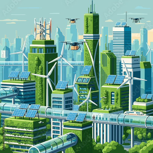 Visionary concept of a futuristic green city with sustainable architecture, renewable energy sources, and advanced drone technology