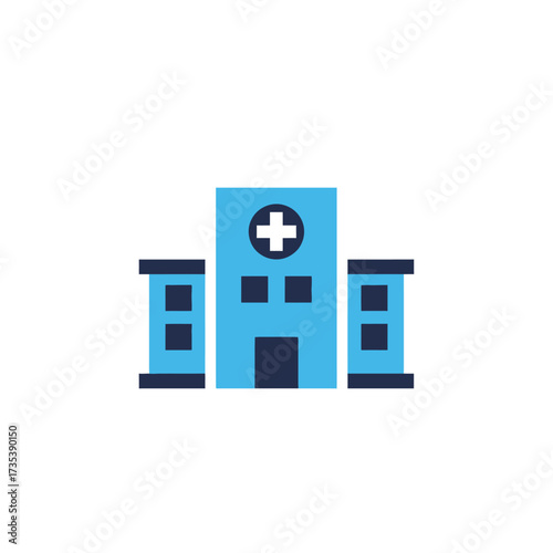 Modern blue hospital building with a prominent cross symbol, representing healthcare and medical services