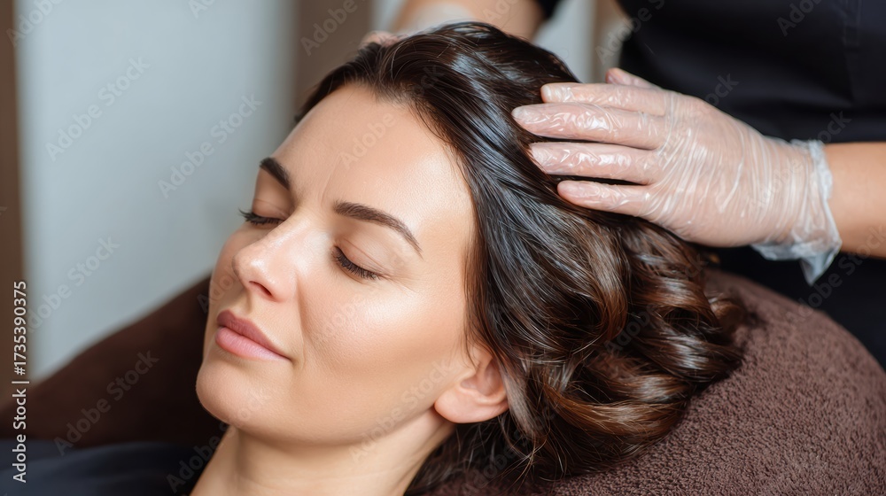Fototapeta premium A serene moment of relaxation during a salon treatment, showcasing a woman enjoying a soothing scalp massage.