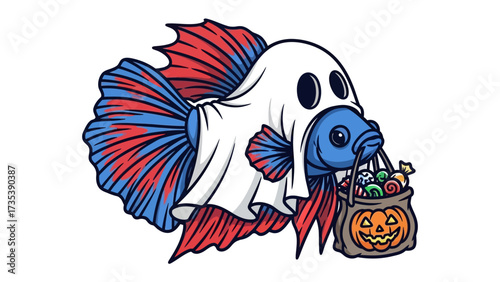 Halloween Betta Fish: An adorable illustration of a Betta fish dressed as a ghost, holding a pumpkin-themed candy bag, perfect for Halloween celebrations and spooky season fun.