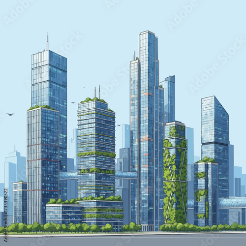 A conceptual illustration of a futuristic metropolis with sustainable architecture, featuring green skyscrapers and vertical gardens