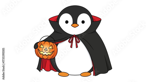Penguin in Halloween Costume: A charming penguin dressed up in a Halloween costume, holding a glowing jack-o'-lantern. A blend of spooky fun!