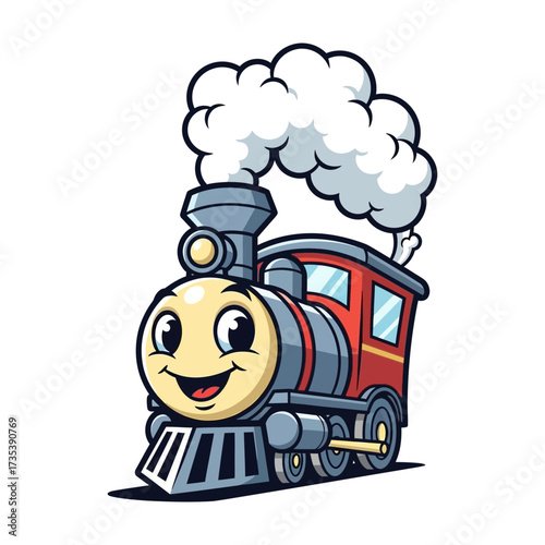 Vector art of cartoon train with a happy face, a cheerful locomotive for childrens illustration and design