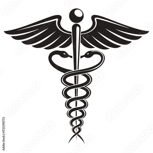 Classic Caduceus Icon with Two Serpents and Wings in Black on White Background Keywords: caduceus, medical icon, healthcare, medicine, health, doctor, nurse, hospital, clinic, pharmacy, emergency