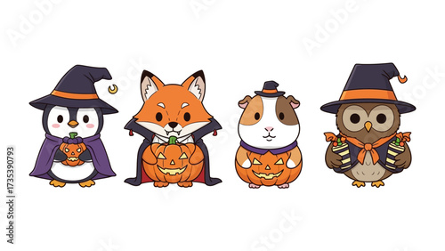 Halloween Animal Characters: A captivating illustration of an owl, penguin, fox and guinea pig in charming costumes, each clutching a carved pumpkin, ready for Halloween! 