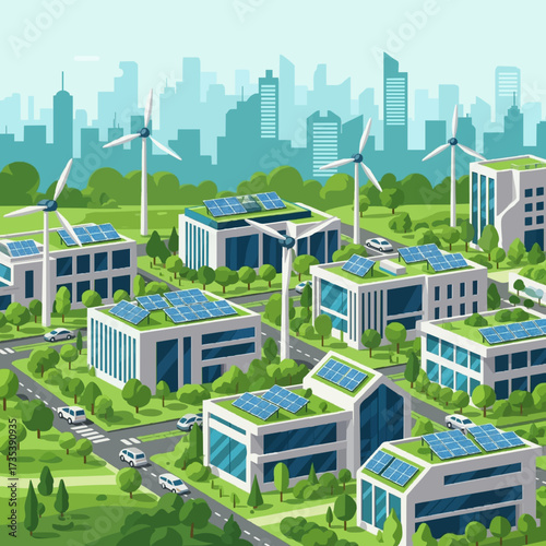 Isometric illustration of a futuristic smart city with sustainable buildings, solar panels, and wind turbines for clean energy