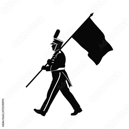 silhouette of a marching band member with a flag