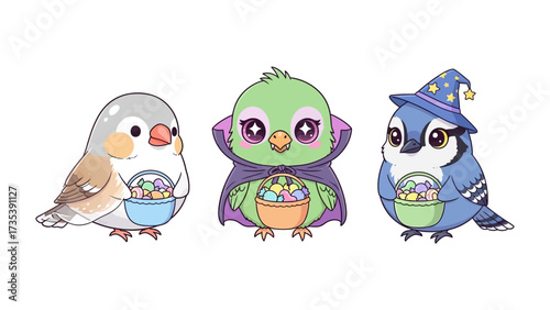 Feathered Friends’ Festivity: A charming ensemble of three uniquely adorned bird illustrations, each playfully holding a basket filled with vibrant Easter eggs.