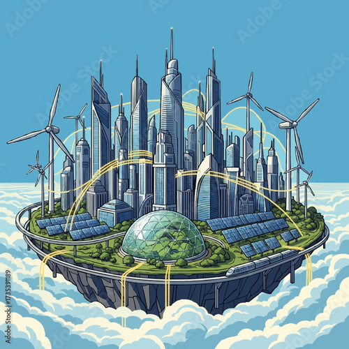 A soaring eco-friendly city of the future, a self-sustaining metropolis floating on an island with clean wind and solar power