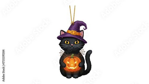 Whimsical Halloween Ornament: A charming black cat wearing a witch hat, and holding a glowing carved pumpkin ornament, embodying the essence of the season.