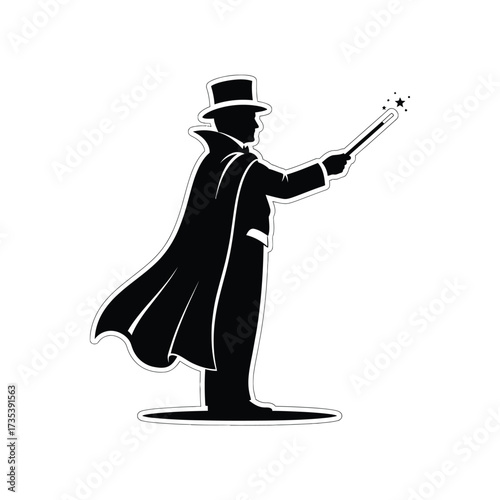 silhouette of a magician in a top hat and cape with wand